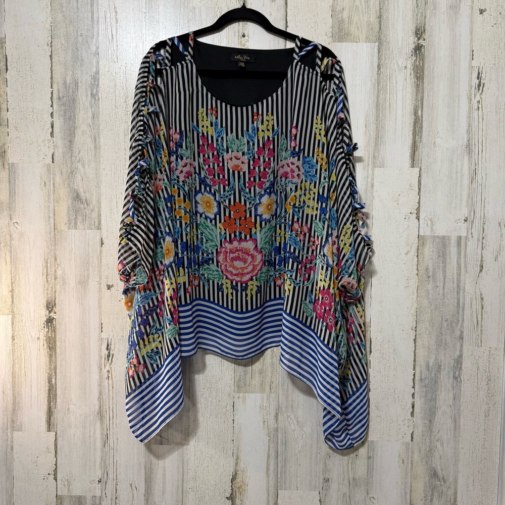 Melissa Paige 2 Piece Blue Black Asymmetrical Peek a Boo Sleeve  and Pants